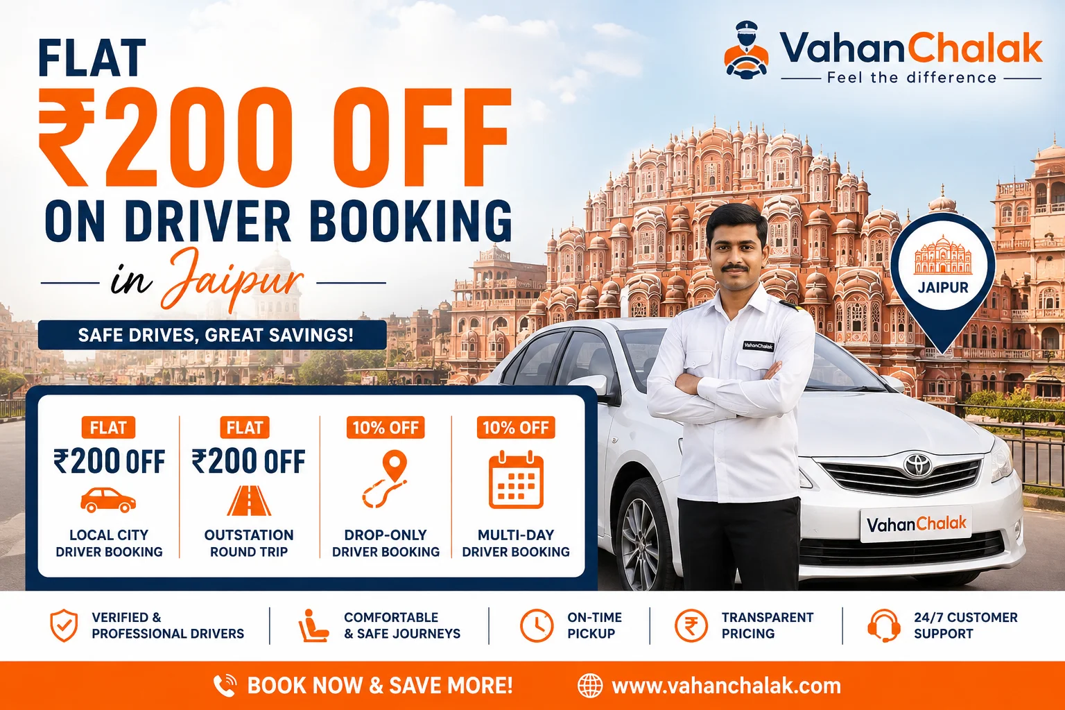 Flat ₹200 OFF on Driver Booking in Jaipur | Local & Outstation Driver Offer – Vahan Chalak