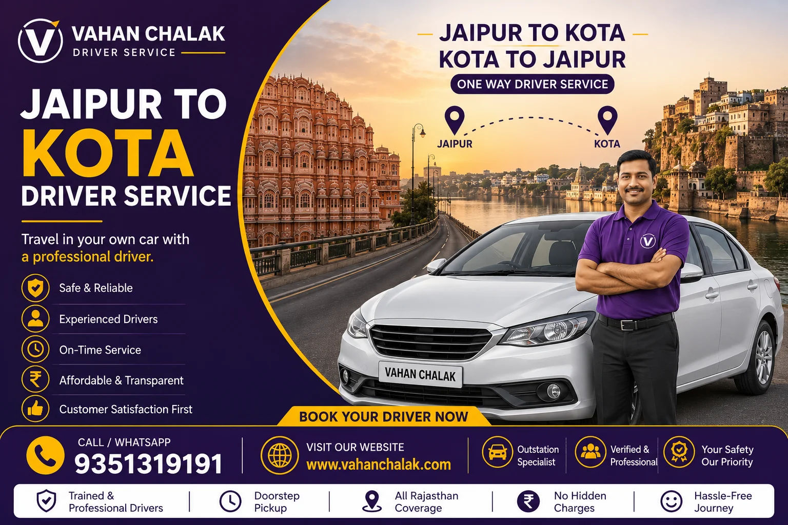 Jaipur to Kota Driver Service | Kota to Jaipur One Way Driver