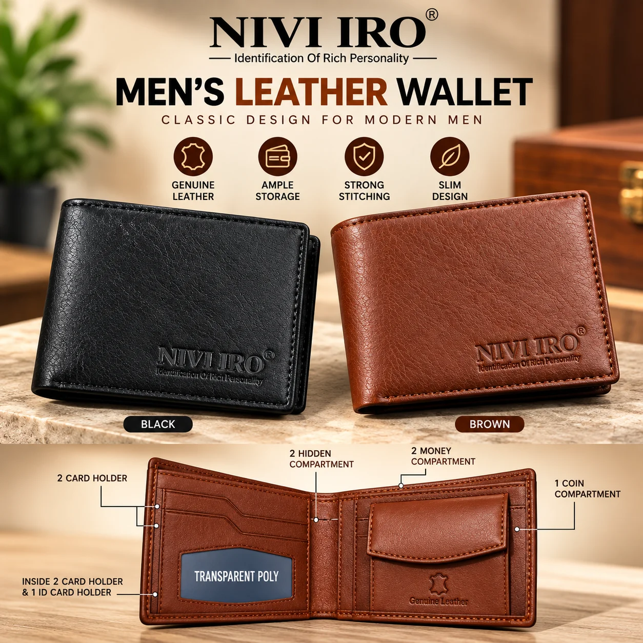 NIVI IRO Men’s Leather Wallet for Men | Slim Bifold Wallet with Coin Pocket, Card & Cash Compartments